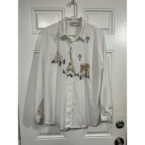 VTG Parisline White Blouse with Paris Landmarks Embroidered Size Large Estimate